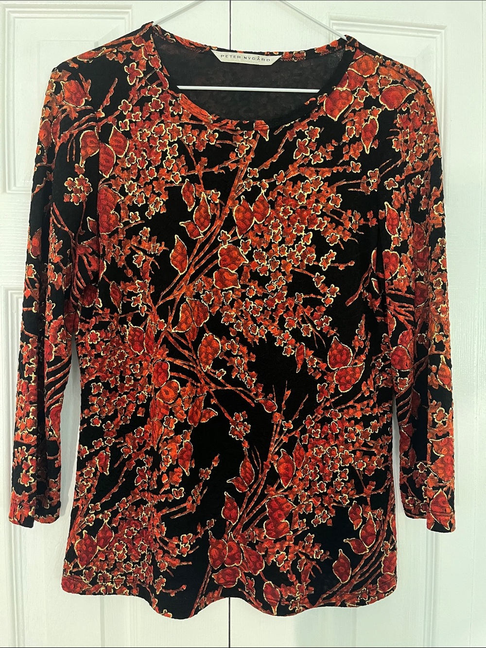 Peter Nygard Black and Red Floral Velvet 3/4 Sleeve Top - Picture 3 of 5